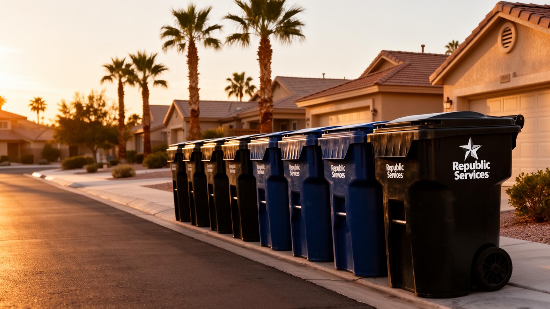 Las Vegas neighborhood at golden hour with curbside bins