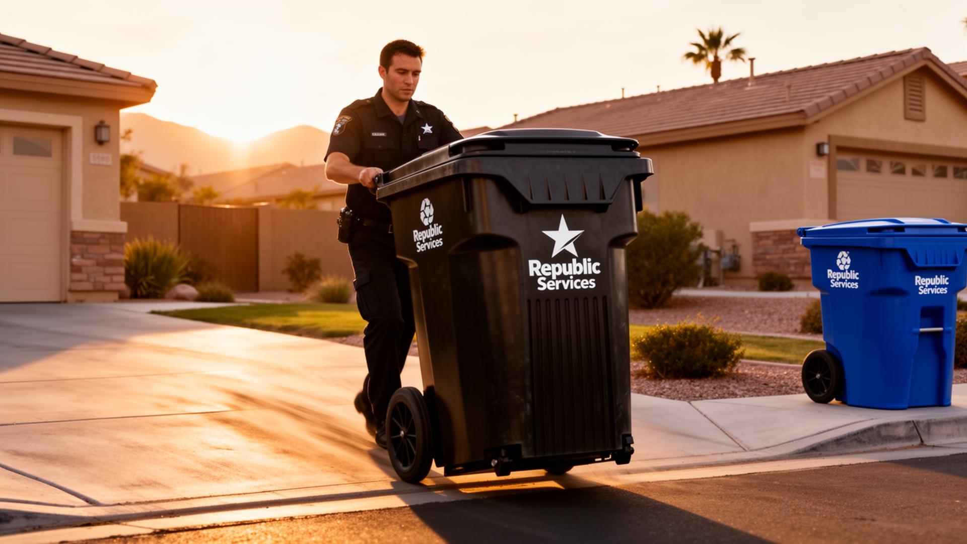 Bin valet rolling a trash bin down a driveway